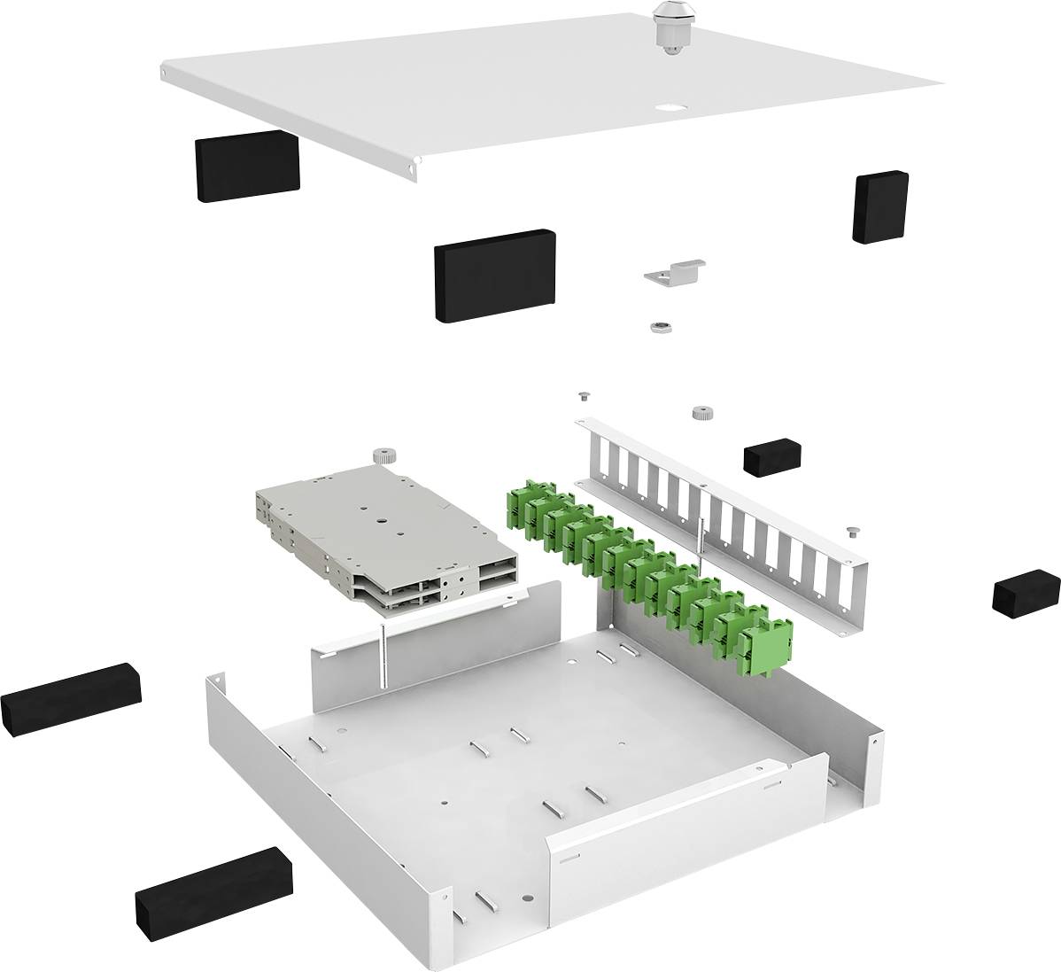 Explosionsansicht eines Gehäuses mit herausnehmbaren Komponenten, darunter Module und Steckverbindungen, die Struktur und Aufbau zeigen.