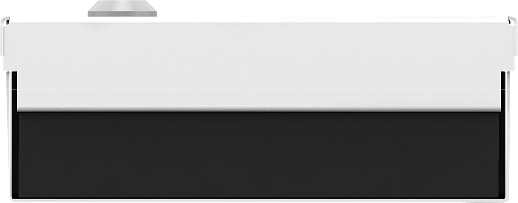 Ein rechteckiger Gegenstand mit einem weißen oberen Teil und einem schwarzen unteren Teil, möglicherweise ein elektronisches Gerät.