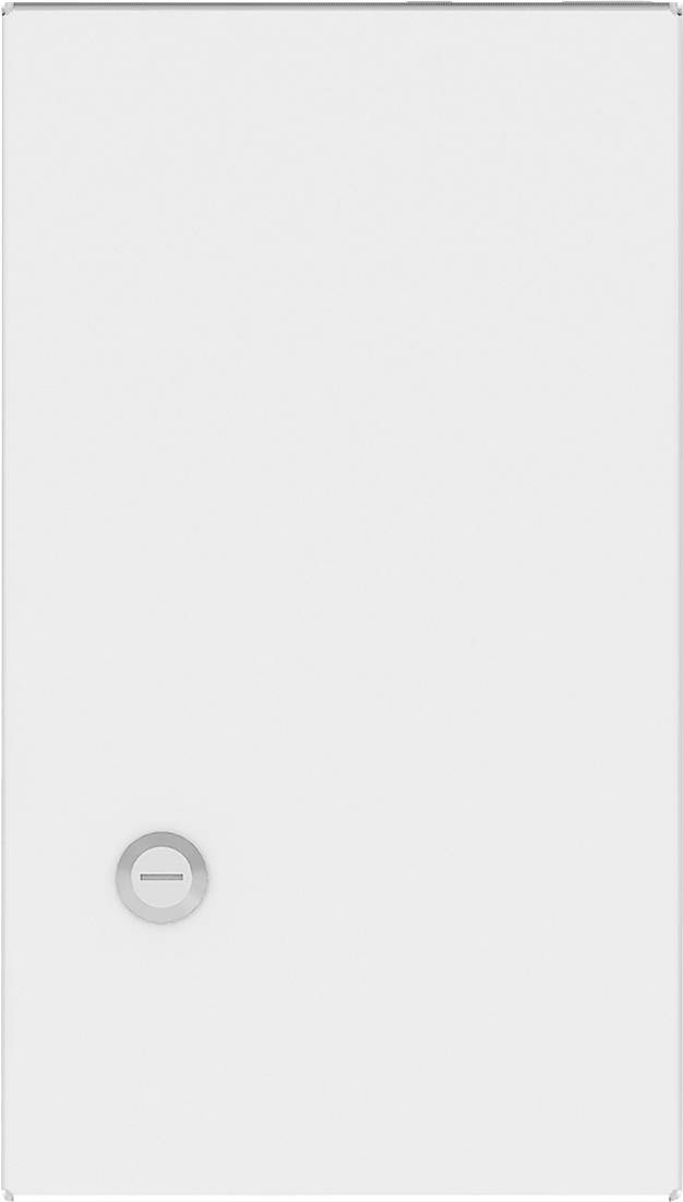Metallschranktür in weiß mit rundem Verschlussgriff unten links.