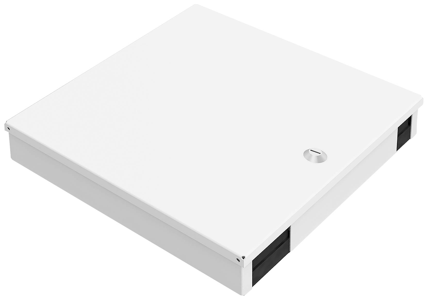 Weiße, rechteckige Metallbox mit Schloss auf der Oberseite, seitlichen Lüftungsschlitzen und minimalistischem Design.