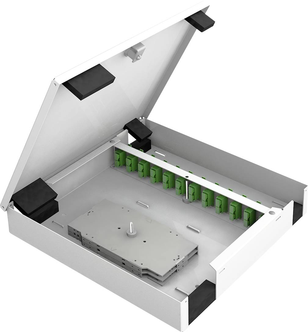 Ein offener Verteilerkasten mit grünen Anschlüssen und einem grauen Einsatz im Inneren.