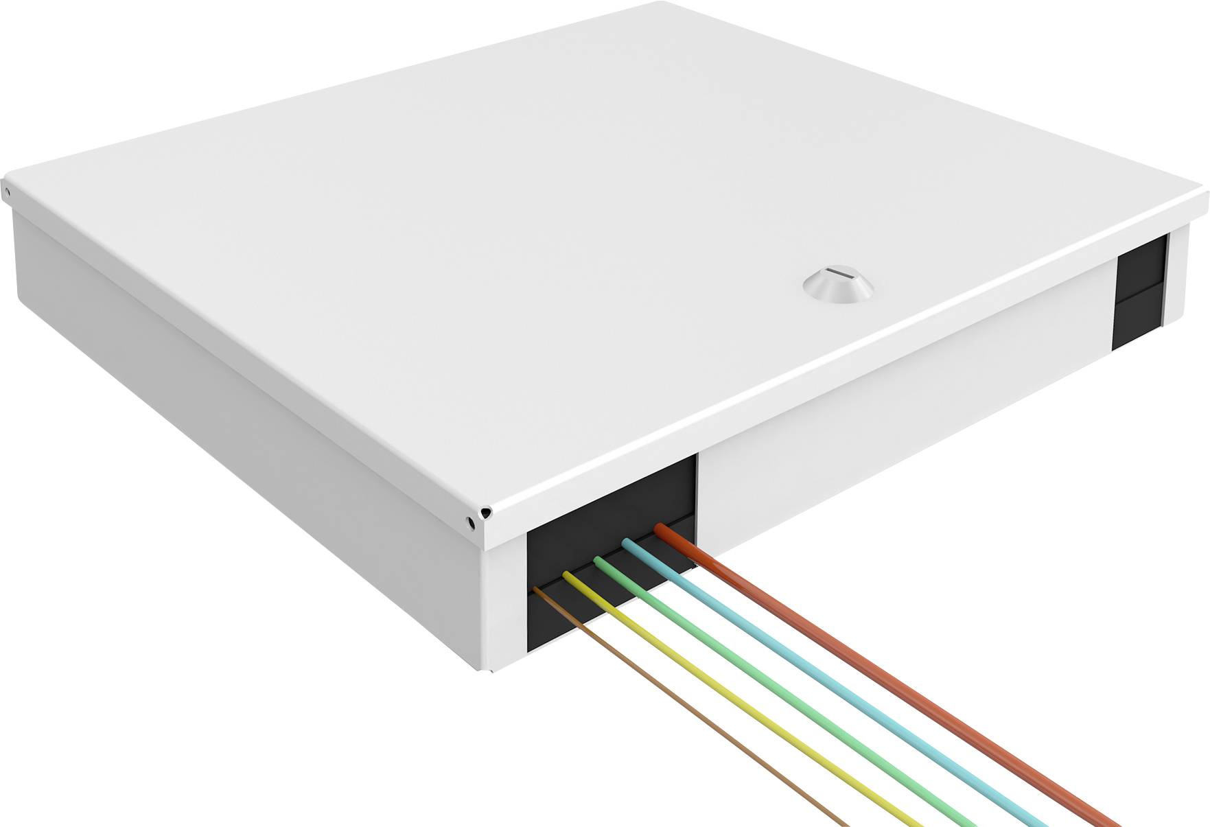Ein rechteckiger Anschlusskasten mit sechs herausragenden, unterschiedlich farbigen Kabeln auf weißem Hintergrund.