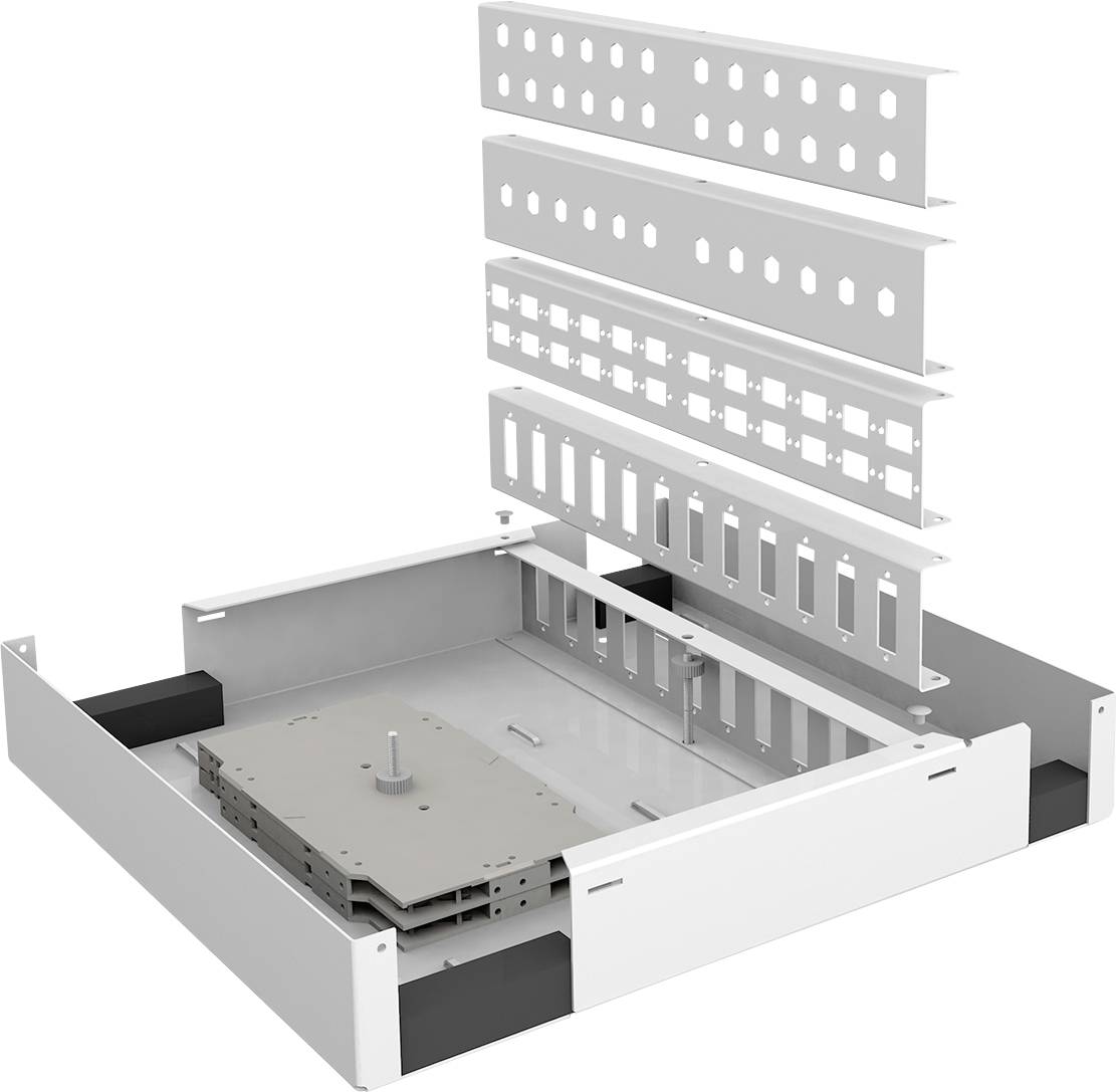 Ein weißer Metallkasten mit offenen Seiten, darauf gestapelte, herausnehmbare Trennwände mit verschiedenen Lochungen zur Kabeldurchführung.
