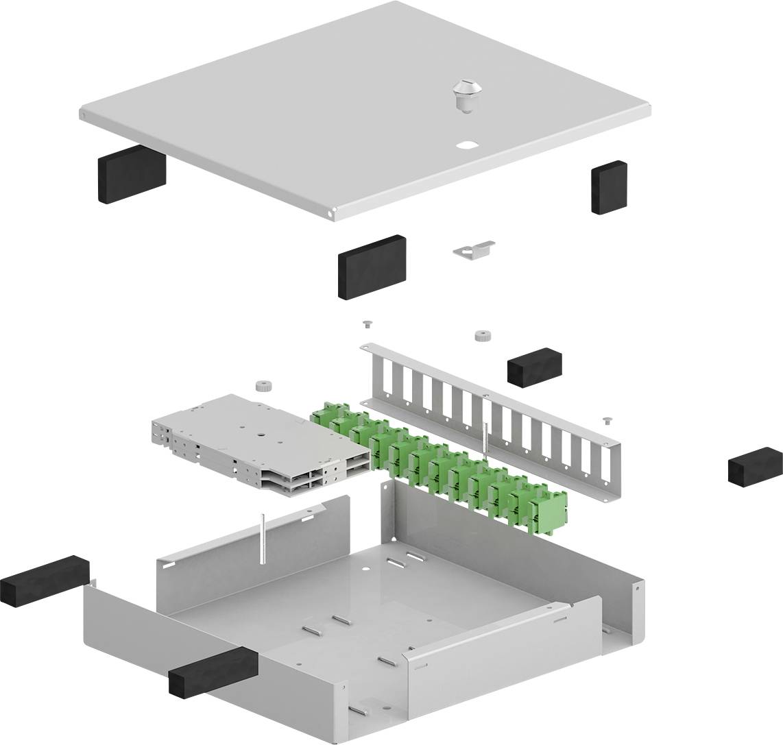 Explodierte Ansicht eines modularen Gehäuses mit mehreren Bauteilen, darunter grüne elektrische Anschlüsse und eine graue Metallabdeckung.