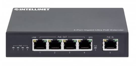 'Intellinet 4-Port Gigabit Ultra PoE Extender' mit fünf Ethernet-Ports, LEDs zur Statusanzeige, geeignet zur Netzwerkverlängerung.