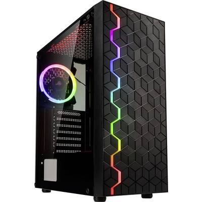 Schwarzes PC-Gehäuse mit Wabenmuster auf der Vorderseite, beleuchteten RGB-Streifen und RGB-Lüfter im Inneren, teilweise gläserne Seitenwand.