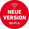 Roter Kreis mit einem Wi-Fi-Symbol und der Aufschrift 'Neue Version Wi-Fi 6', deutet auf die neueste Version der Wi-Fi-Technologie hin.