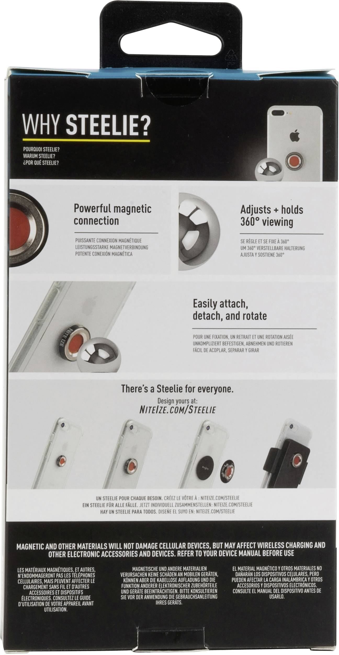 'Verpackung von Steelie-Produkten zeigt deren starke magnetische Verbindung, 360°-Ansicht und einfache Befestigung und Drehung.'