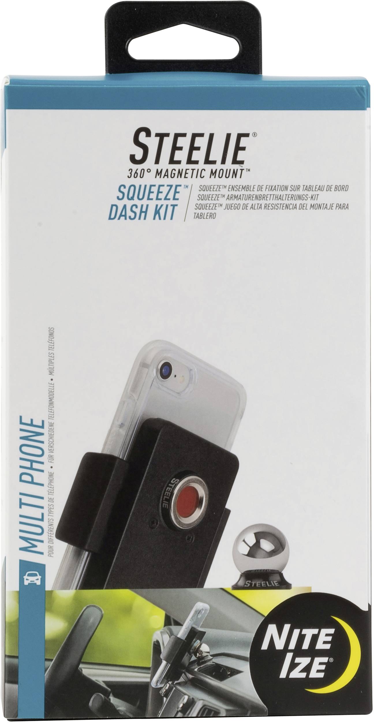 'Steelie 360° Magnetic Mount Squeeze Dash Kit' Box zeigt Bild von Smartphone-Halterung für das Armaturenbrett. Marke: Nite Ize.
