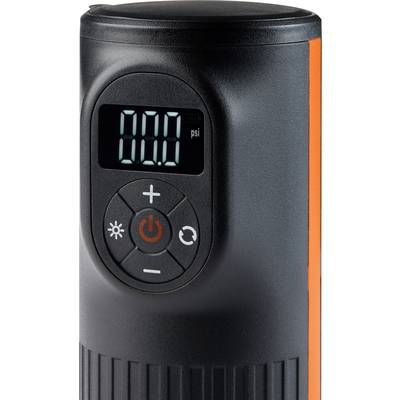 Tragbarer elektrischer Luftkompressor mit digitaler Anzeige, zeigt '0.0 psi' an. Bedienfeld mit Plus, Minus und Ein/Aus-Knopf.