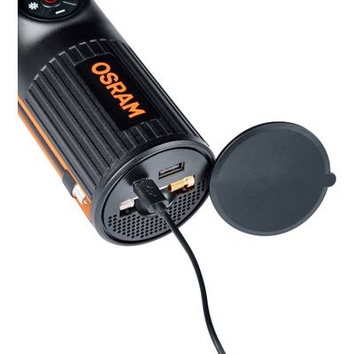 'OSRAM'-Taschenlampe mit geöffneter Kappe zeigt USB-Anschluss und Ladekabel, bereit zum Aufladen.
