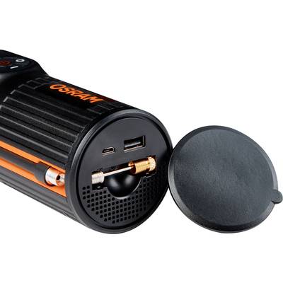 'Schwarzer OSRAM Reifenfüller mit abgenommenem Deckel zeigt USB- und Micro-USB-Anschlüsse sowie einen Anschluss für Druckluftpumpen.'