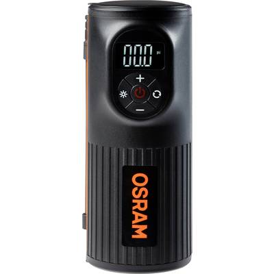 Ein tragbarer, schwarzer Luftkompressor mit Digitalanzeige und Bedientasten. Markenname 'Osram' in Orange auf der Vorderseite.