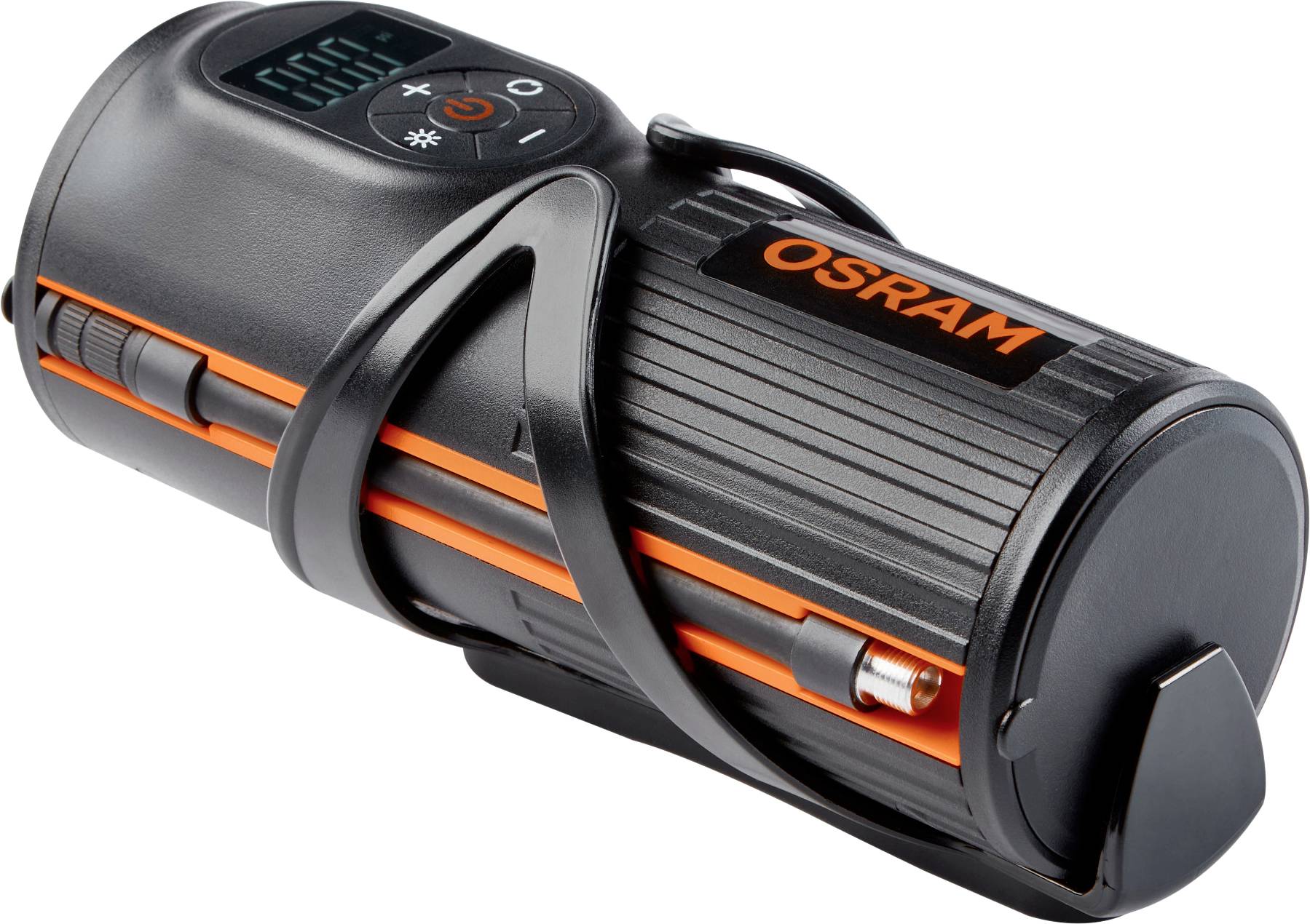 'Taschenlampe der Marke OSRAM mit schwarz-orangefarbenem Design und digitalem Display auf der Oberseite.'