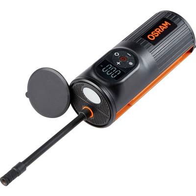 Tragbare elektrische Luftpumpe in Schwarz mit OSRAM-Logo. Enthält ein Display und einen Schlauch mit Düsenaufsatz.