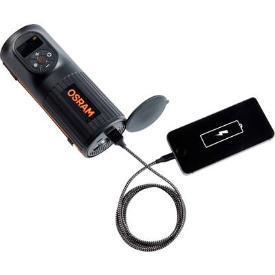 Eine OSRAM-Taschenlampe lädt ein Smartphone über ein Kabel auf. Das Smartphone-Display zeigt ein Ladesymbol.