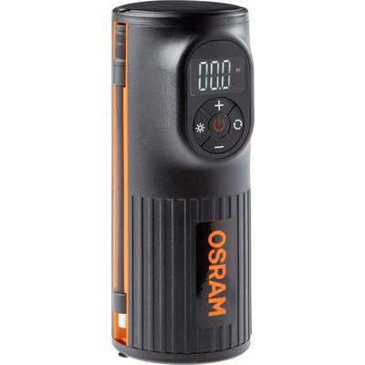 Schwarzer, zylindrischer elektrischer Kompressor mit OSRAM-Logo, Digitalanzeige und Bedientasten, verwendet zum Aufpumpen von Reifen.