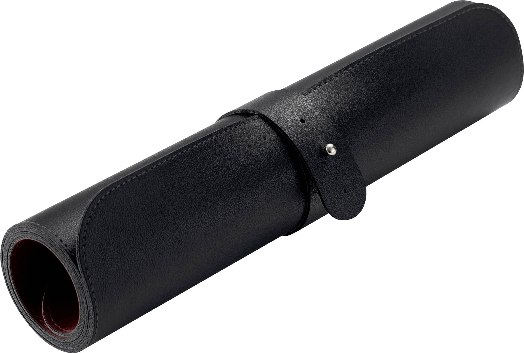 Schwarze Lederrollenetui mit silbernem Verschluss, für die Aufbewahrung von kleinen Gegenständen oder Werkzeugen.