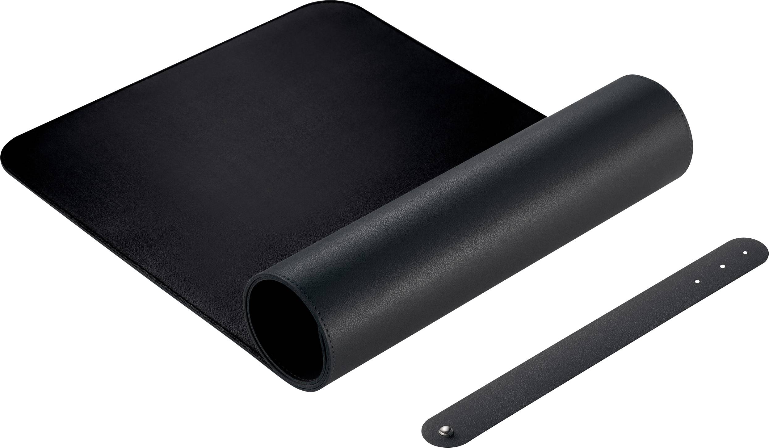 Eine aufgerollte schwarze Schreibtischunterlage aus Leder mit einem zugehörigen Verschluss-Riemen. Perfekt für stilvolle Büro-Ordnung.