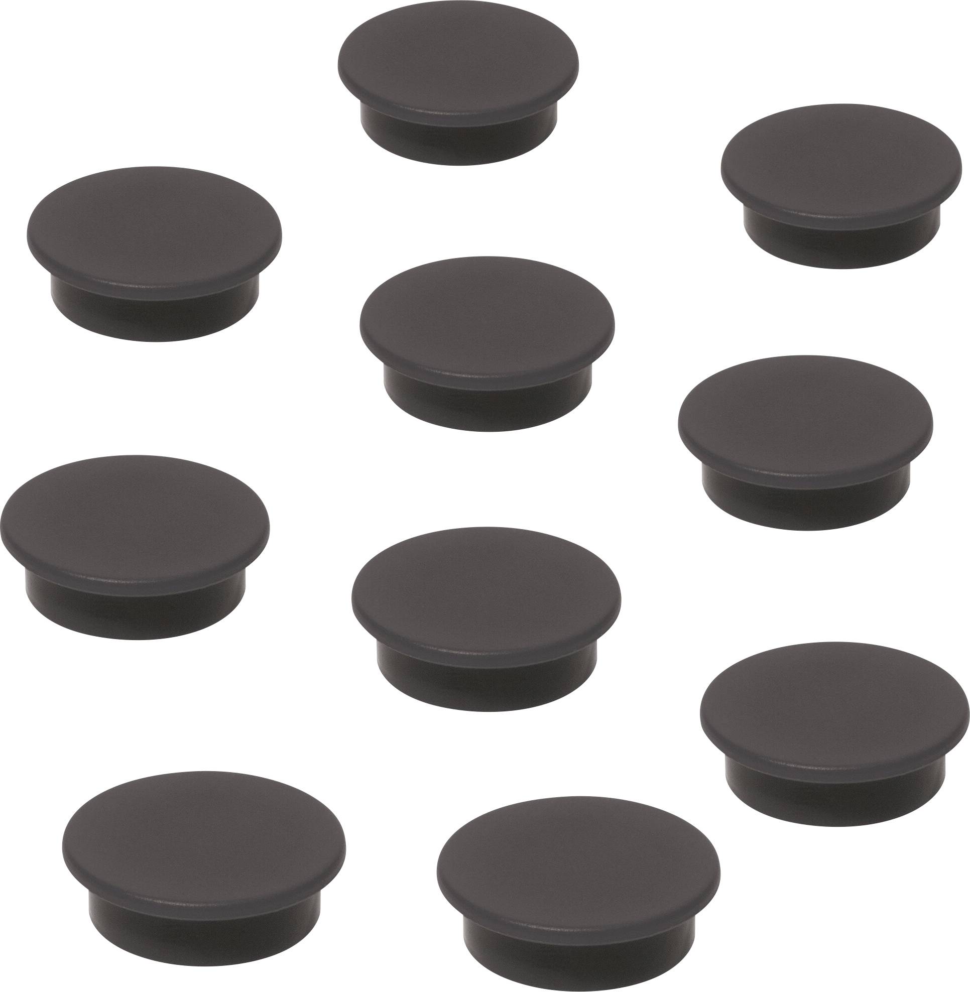 Neun dunkle runde, puckähnliche Kappen oder Verschlüsse auf weißem Hintergrund angeordnet.