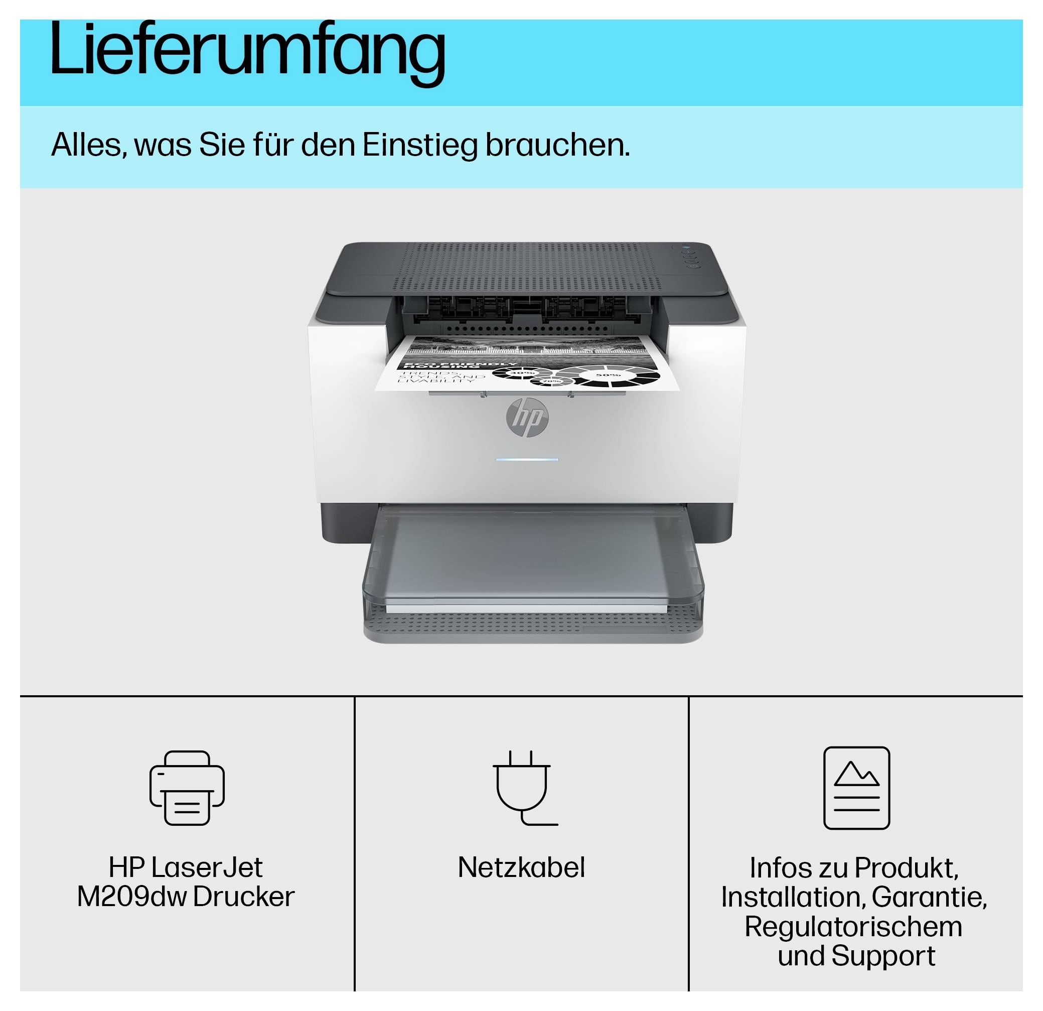 HP LaserJet M209dw Drucker mit Stromkabel und Produktinformation, Installationsanleitung, Garantie-, Behörden- und Supportinformationen.
