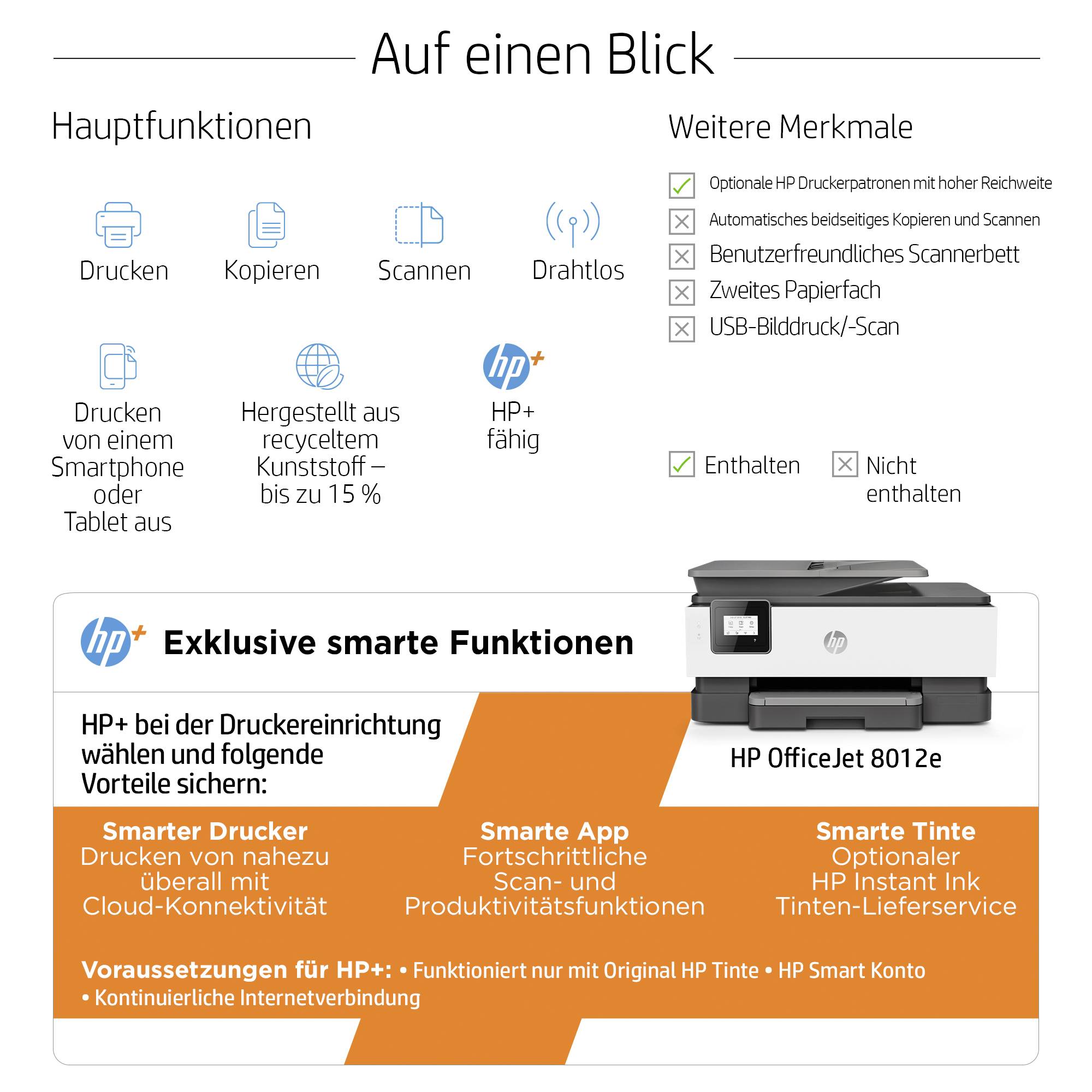 HP OfficeJet Pro 8012 e Multifunktionsdrucker Tintenstrahl Farbe A4 Drucker, Scanner, Kopierer HP Instant Ink, Duplex, W-12