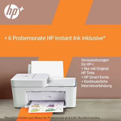 Ein Drucker auf einem Tisch mit orangefarbenem Hintergrund. Text: '+6 Probemonate HP Instant Ink inklusive'. Bedingungen in kleiner Schrift.