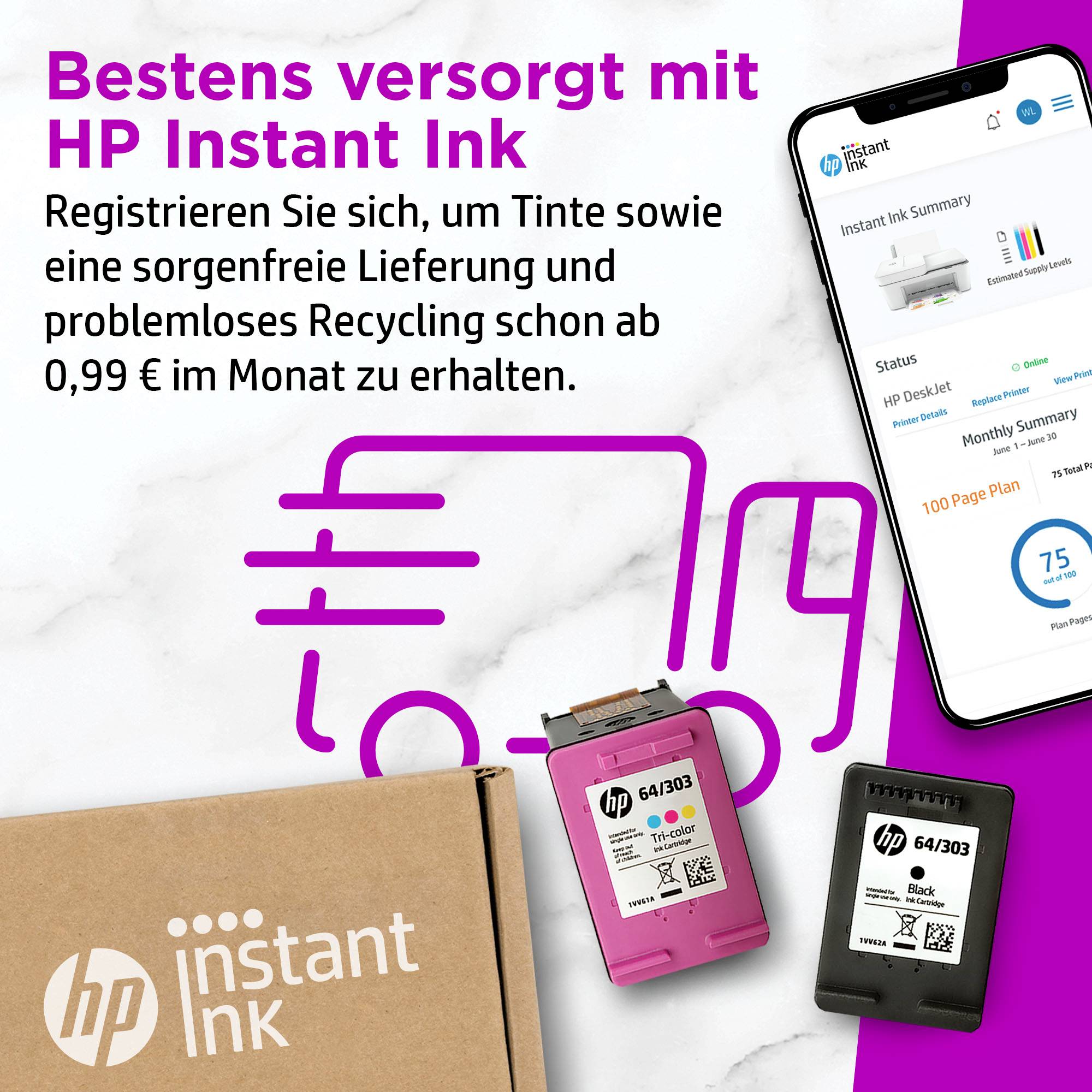 'Bestens versorgt mit HP Instant Ink' steht auf dem Bild. Daneben sind Tintenpatronen und ein Screenshot eines Tinten-Abonnements abgebildet.