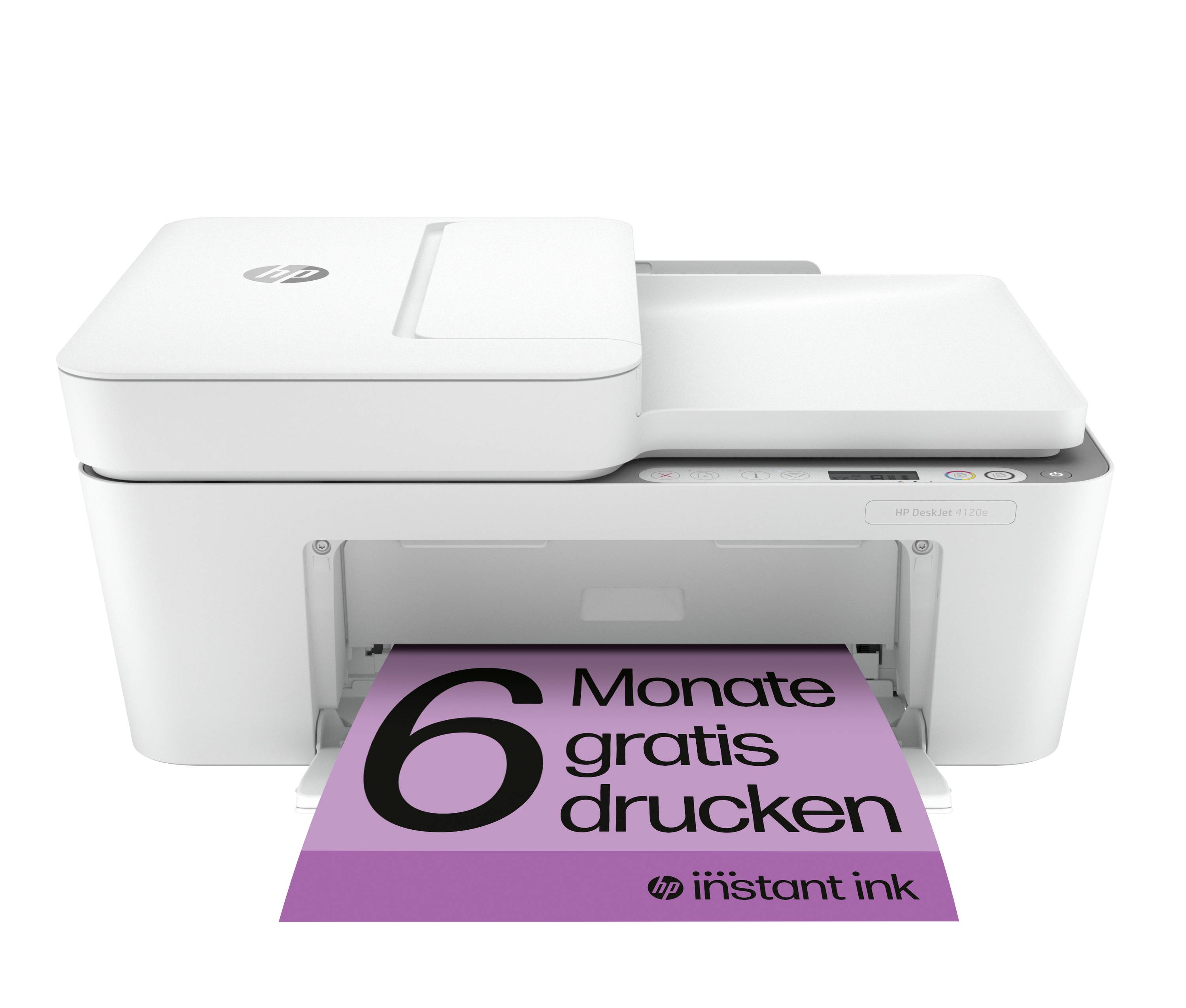 Ein Drucker druckt ein Blatt mit der Aufschrift '6 Monate gratis drucken – instant ink'. Der Drucker ist in einem modernen Design gehalten.