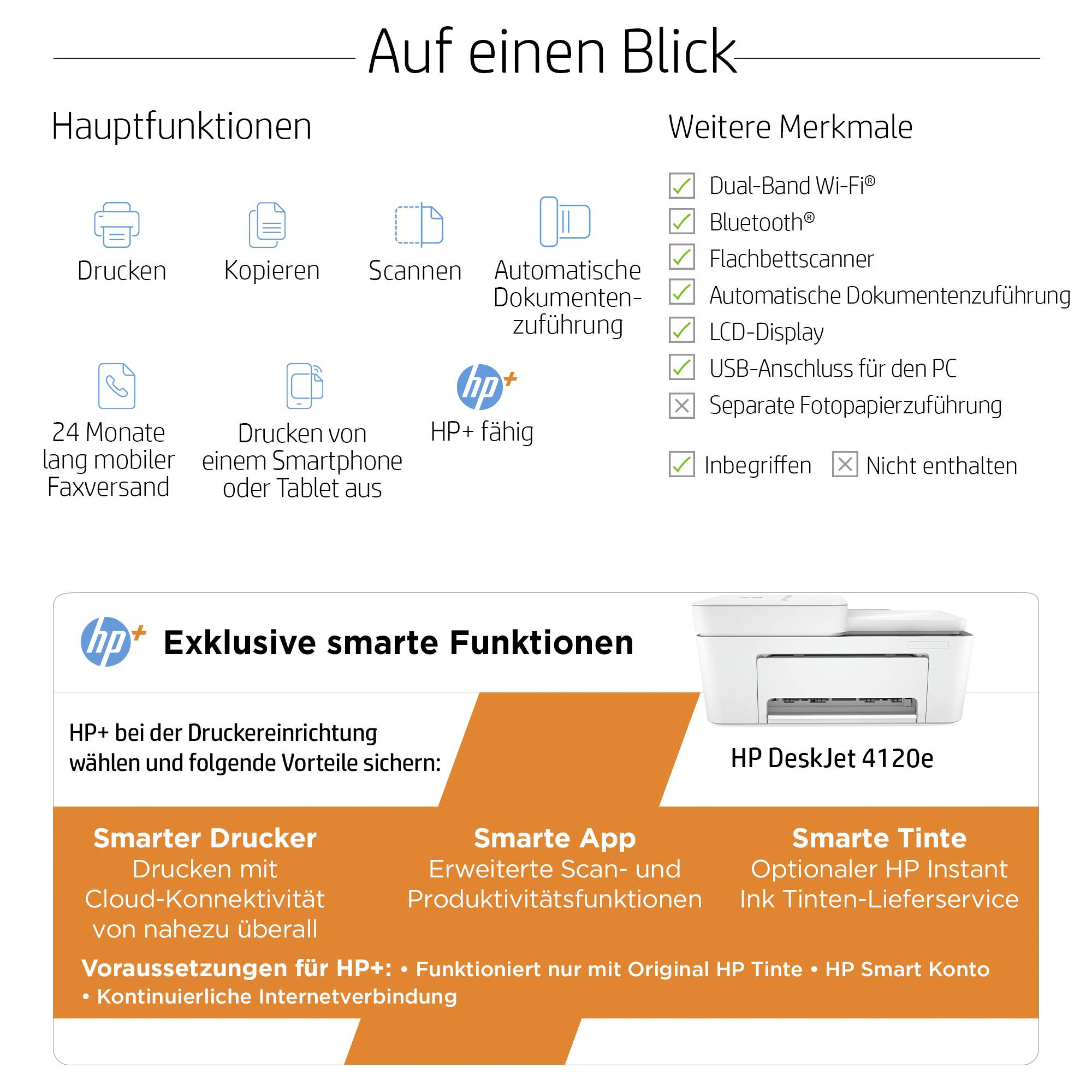 'Hauptfunktionen' und 'Weitere Merkmale' eines HP Druckers mit Dual-Band Wi-Fi, USB-Anschluss, Scan- und Druckoptionen, HP+ Funktion.