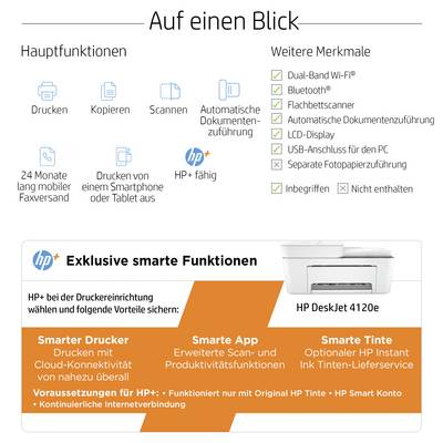 'Hauptfunktionen' und 'Weitere Merkmale' eines HP Druckers mit Dual-Band Wi-Fi, USB-Anschluss, Scan- und Druckoptionen, HP+ Funktion.