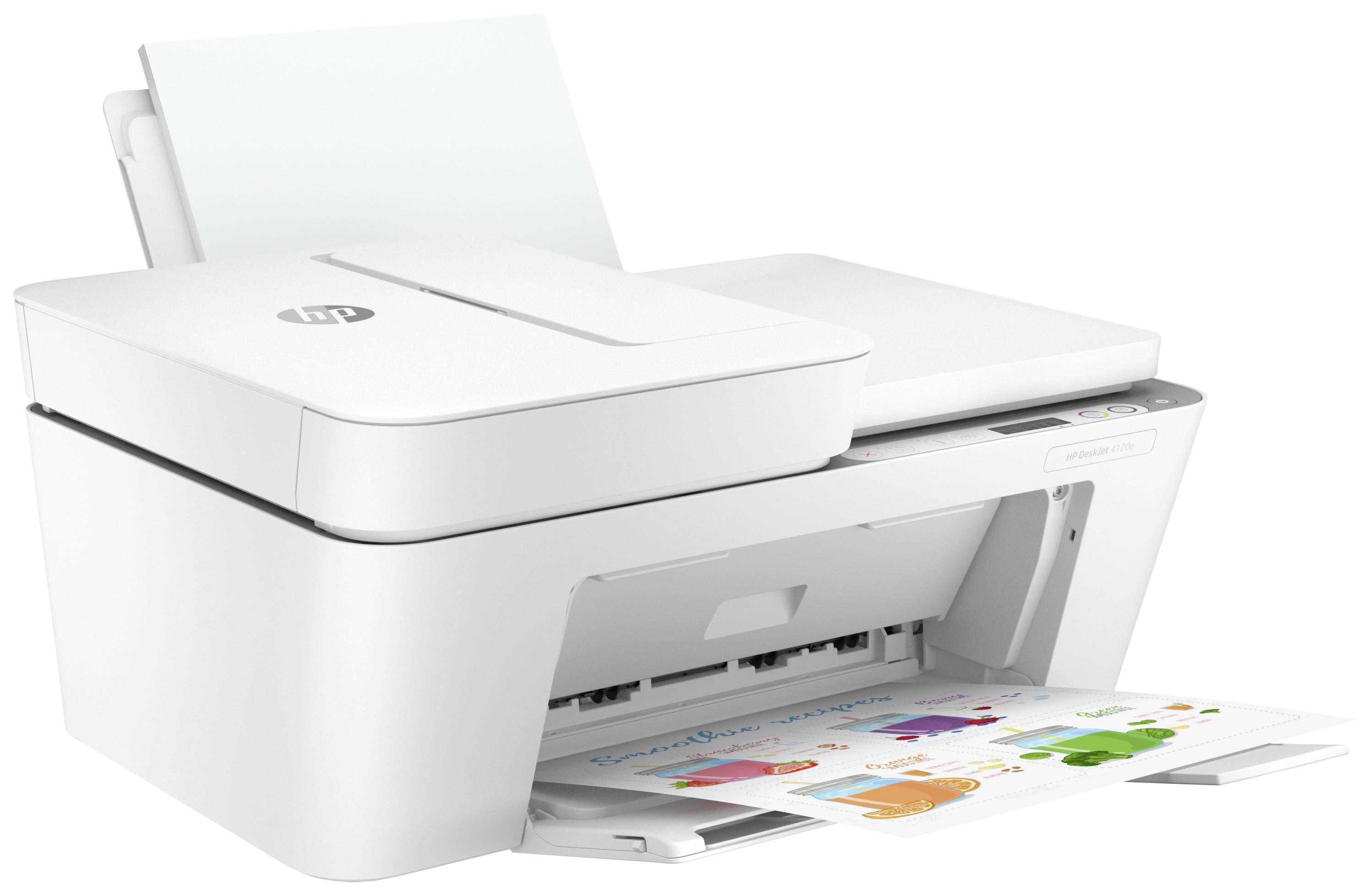 Ein weißer Drucker mit einem farbigen Blatt Papier, das teilweise gedruckt wurde. Der Drucker hat integrierte Scanfunktionen.