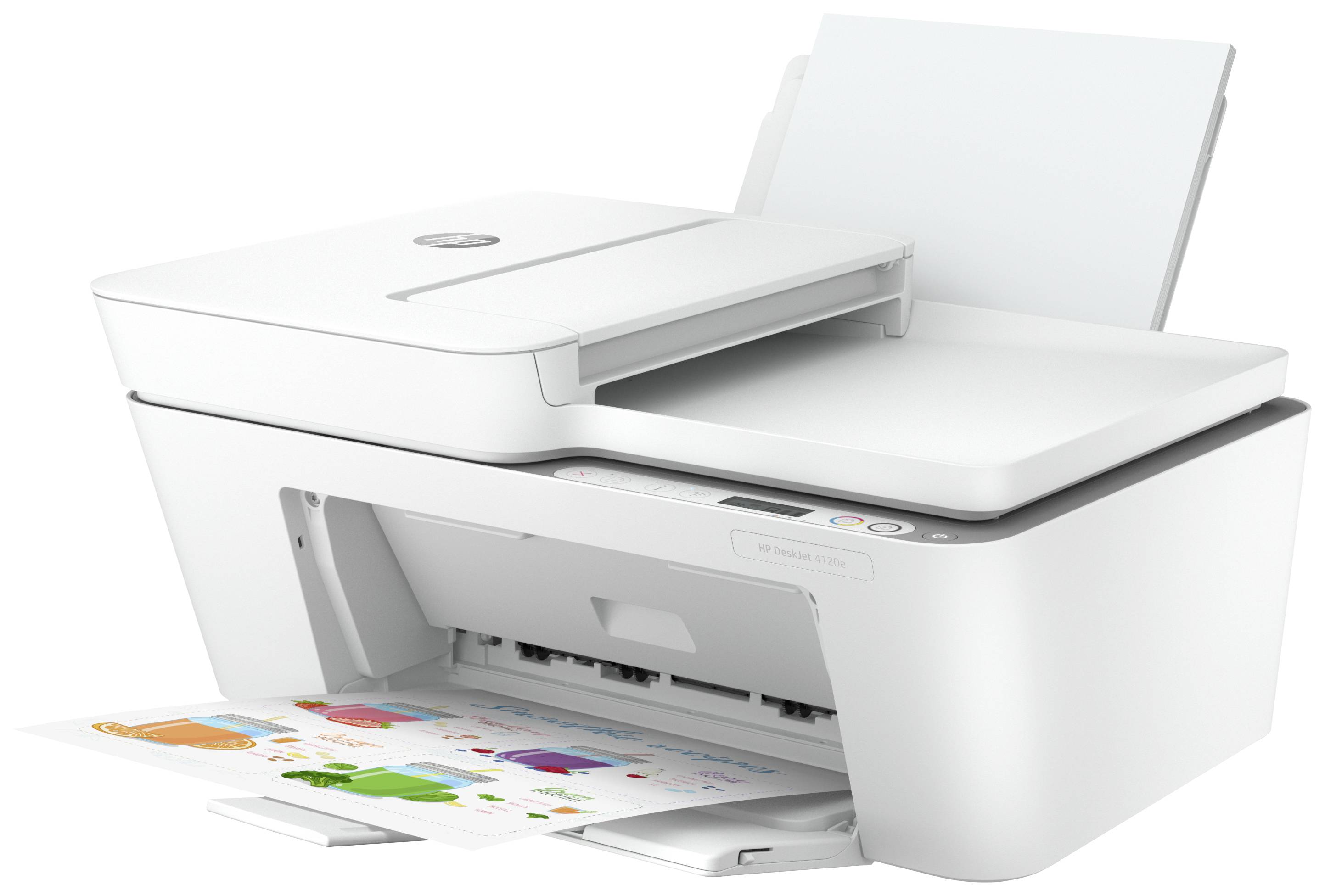 Ein moderner Multifunktionsdrucker druckt ein farbiges Blatt mit Grafiken. Der Drucker ist weiß und hat einen Flachbettscanner.
