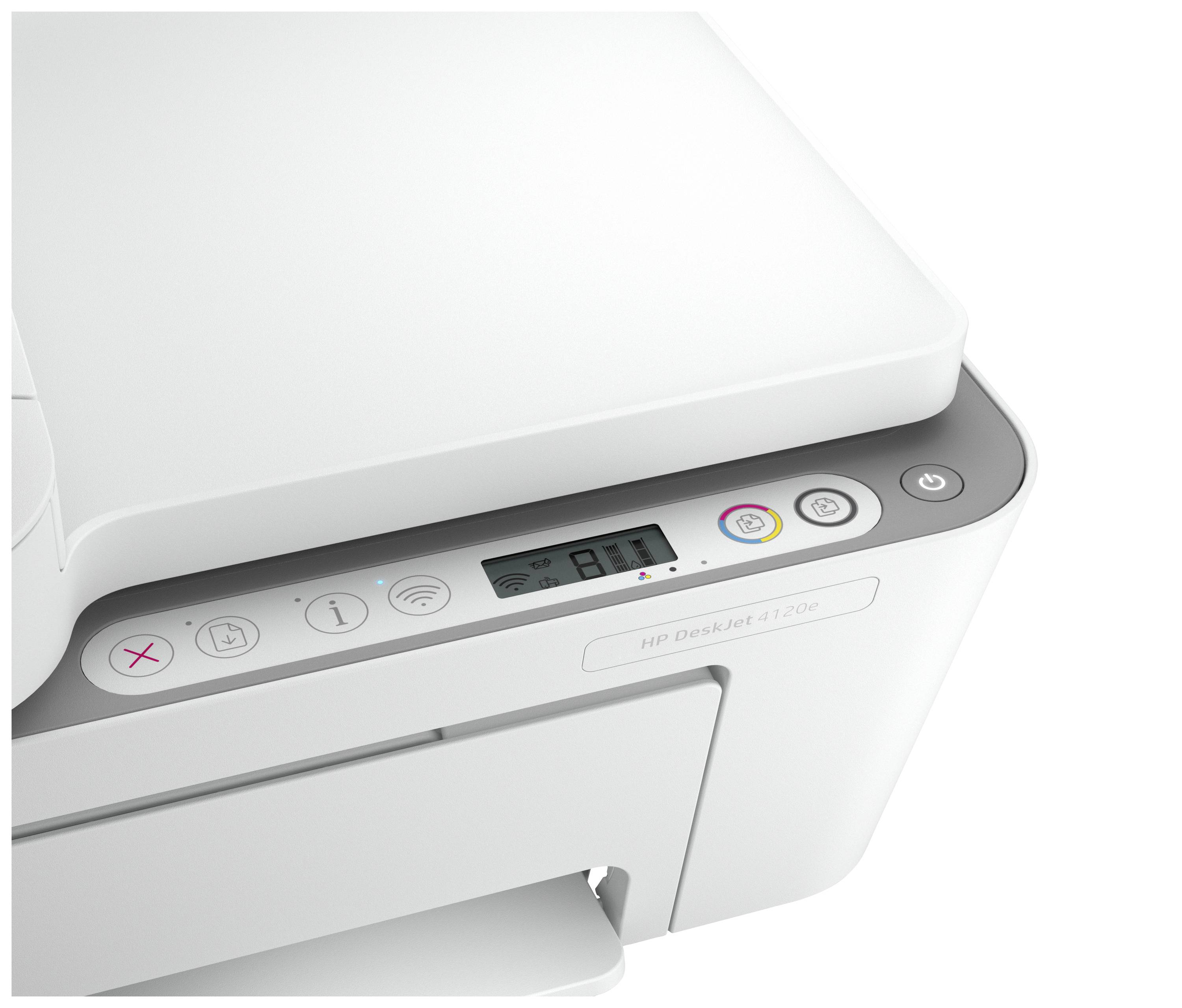 Ein weißer Drucker mit Bedienfeld, das Symbole für Kopieren und WLAN-Signal zeigt und eine numerische Anzeige für Druckanweisungen enthält.