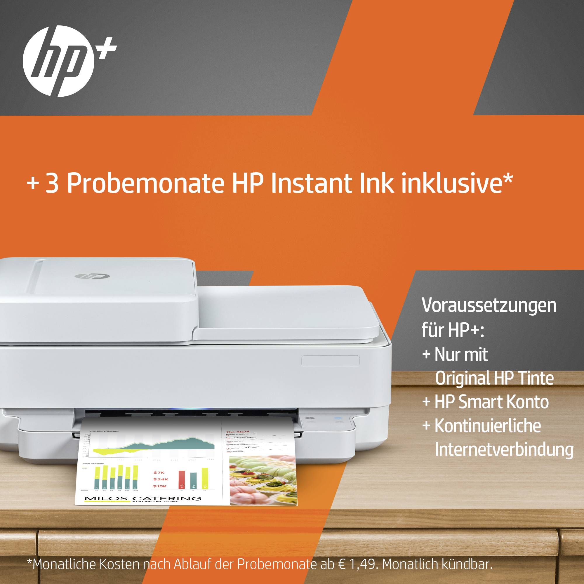 '+ 3 Testmonate HP Instant Ink enthalten. Voraussetzungen für HP+: Nutzung mit Original HP-Tinte, HP Smart Konto, Internetverbindung.'