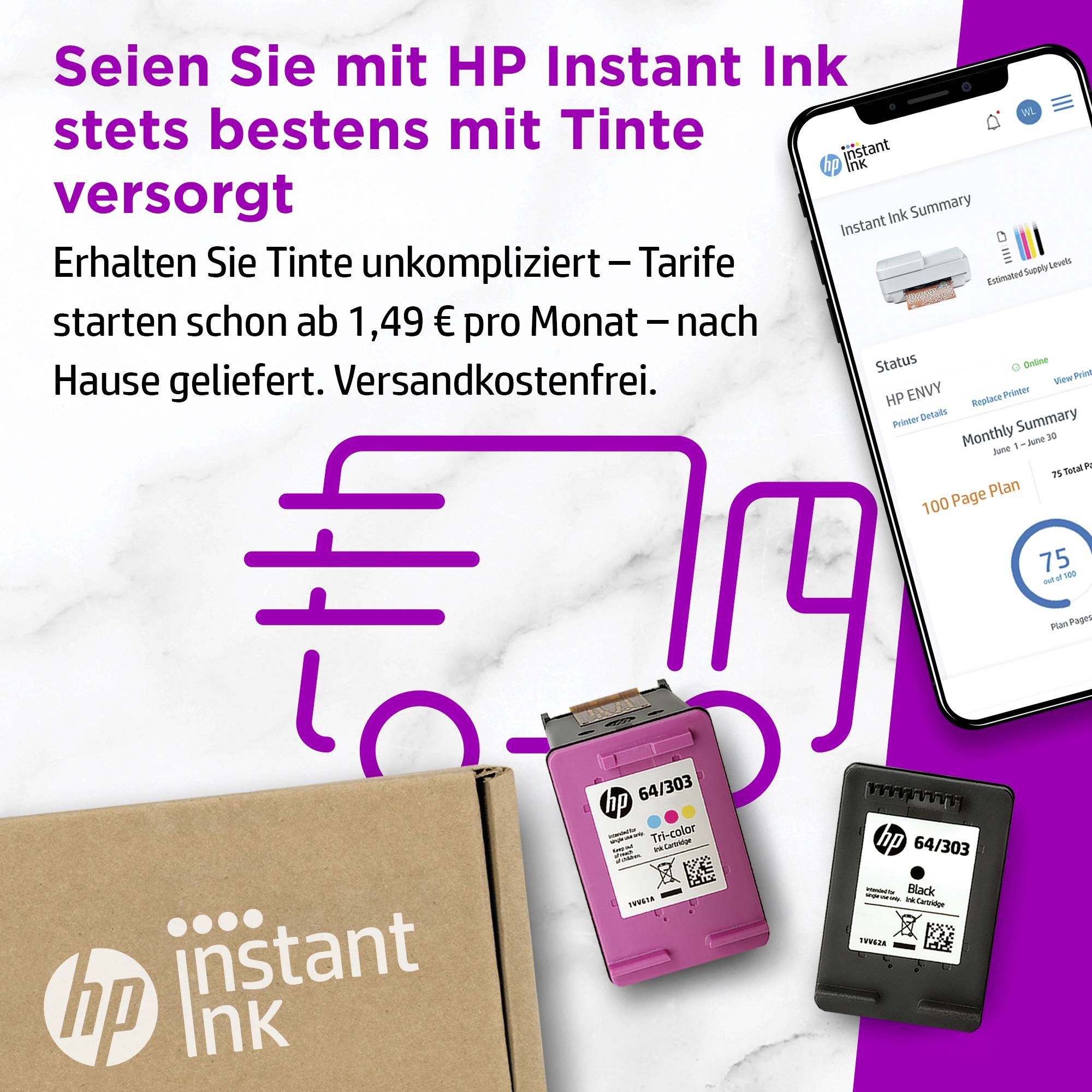 'Seien Sie mit HP Instant Ink stets bestens mit Tinte versorgt. Ab 1,49EUR pro Monat. Zwei Patronen, ein Karton und ein Handy mit Website.'