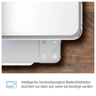 'Intelligente, kontextbezogene Bedienfeldtasten leuchten nur dann auf, wenn sie benötigt werden.' zeigt ein modernes Bedienfeld mit leuchtenden Symbolen.