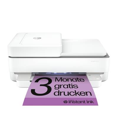Ein weißer Drucker, der ein Papier mit der Aufschrift '3 Monate gratis drucken' und dem Instant Ink Logo ausgibt.