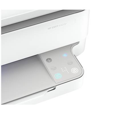 Weiße Multifunktionsdruckerbedienung mit leuchtenden Symbolen für WLAN, Info, Kopie und Papier. Gerätetyp: HP Envy 6420e.