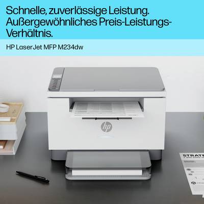 Ein Drucker steht auf einem Schreibtisch. Darüber Text: 'Schnelle, zuverlässige Leistung. Außergewöhnliches Preis-Leistungs-Verhältnis.'