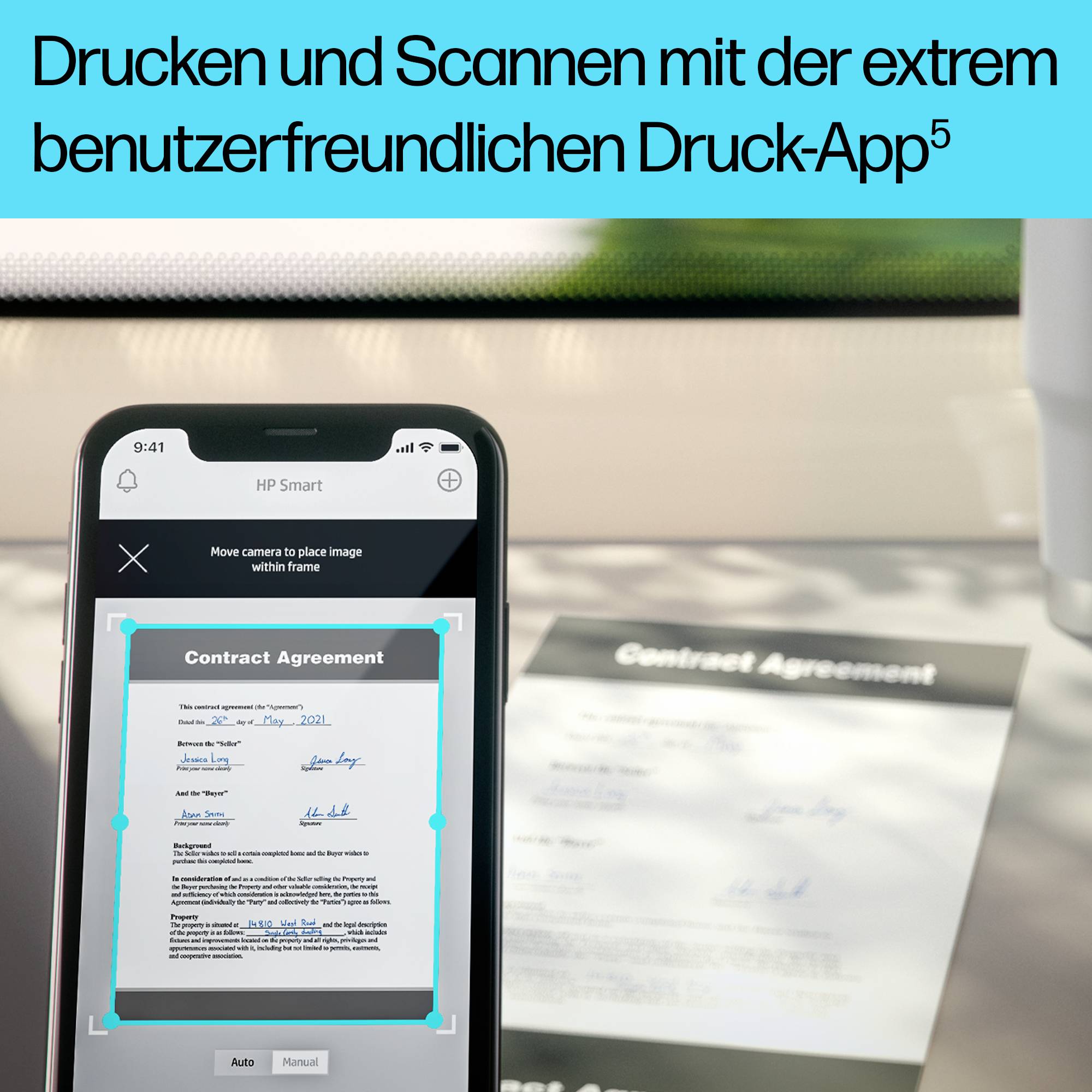 'Screenshot einer Smartphone-App, die einen Scanvorgang zeigt. Der Bildschirm zeigt ein gescanntes Dokument mit Text und Unterschriften.'