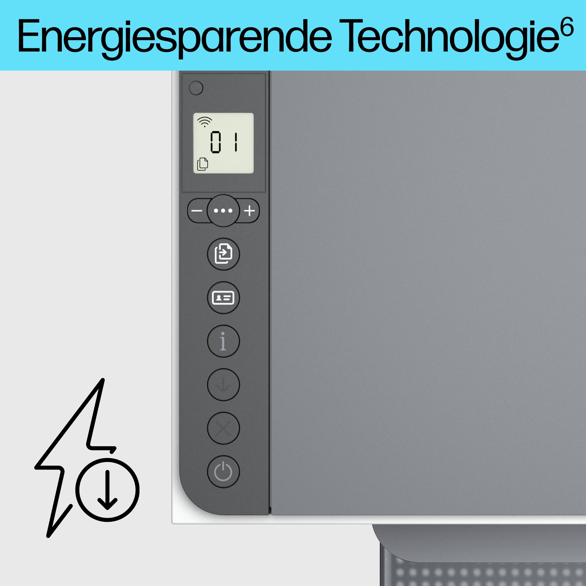 Ein graues elektronisches Gerät mit einem Display, das '01' anzeigt. Oben der Text 'Energiesparende Technologie'. Ein Pfeilsymbol deutet auf Energiesparen hin.