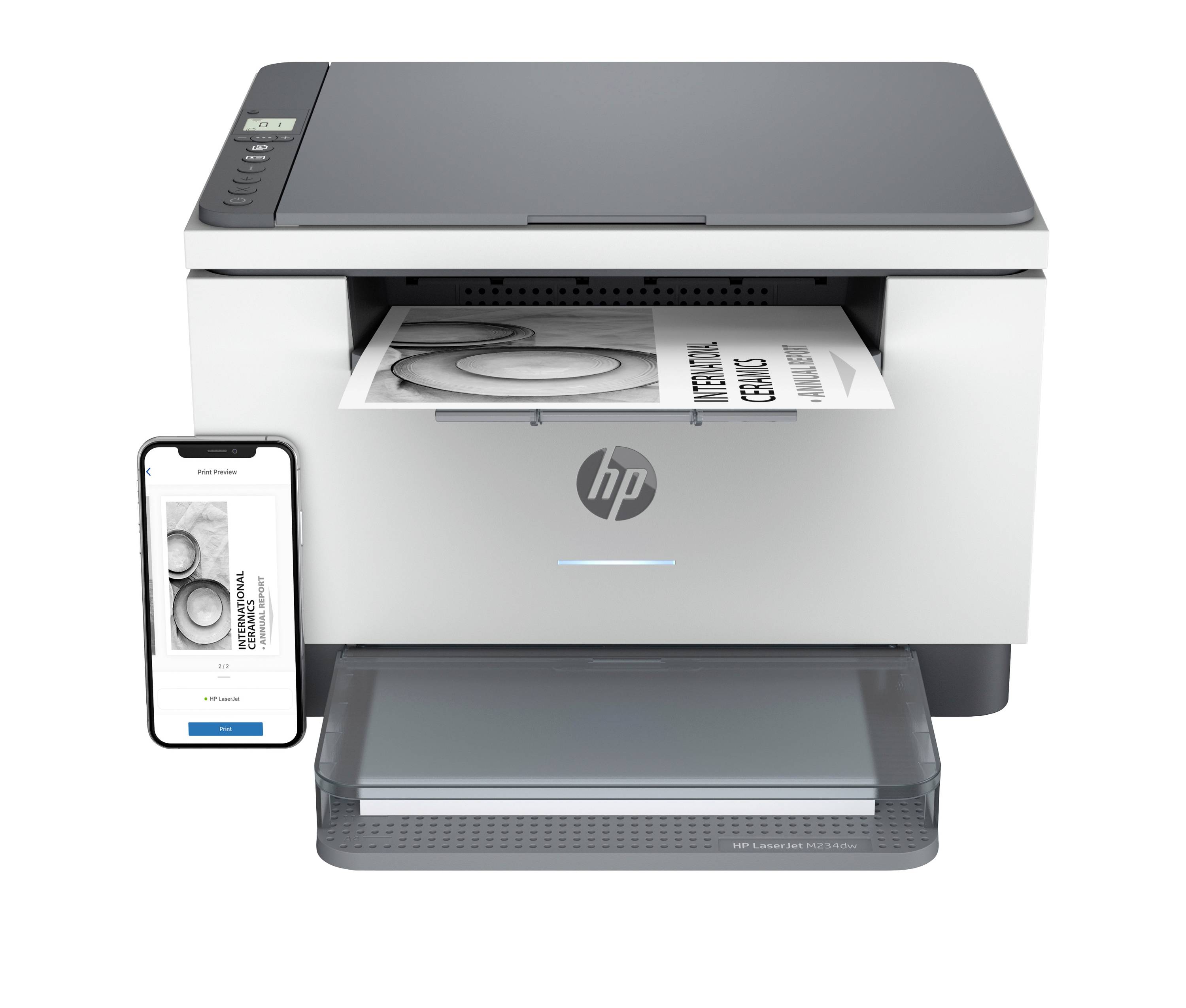 HP All-in-One-Drucker druckt ein Dokument, daneben ein Smartphone, das eine Scan- oder Druckvorschau anzeigt.