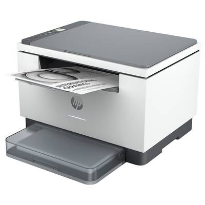 Ein weißer Multifunktionsdrucker druckt ein Dokument mit Text. Der Drucker hat ein Display und eine Bedienfeld oben.