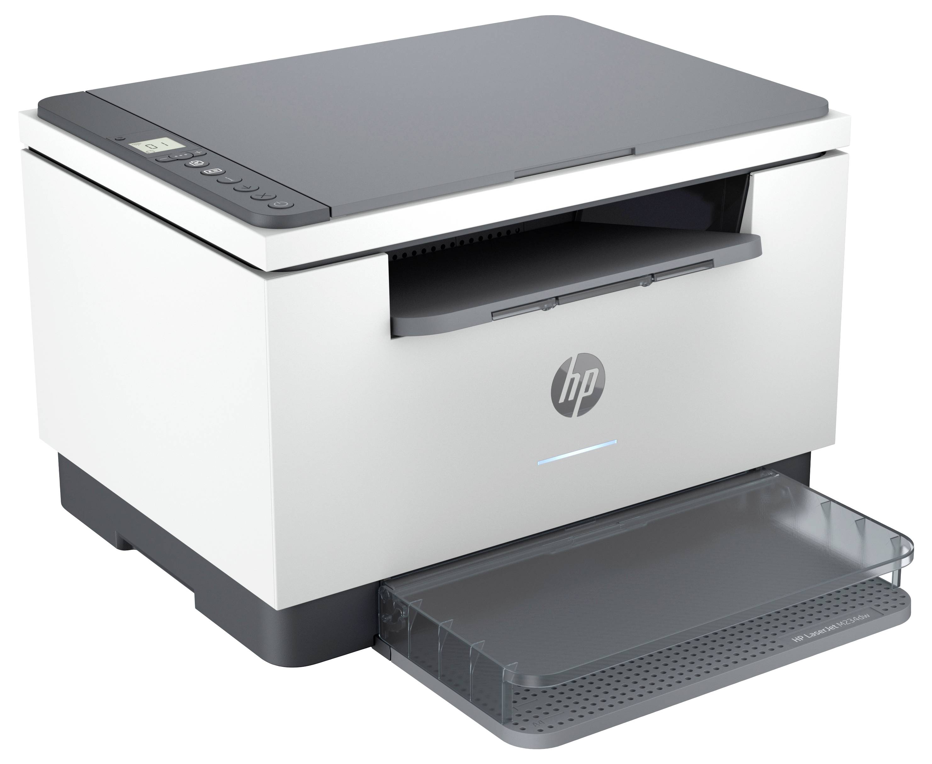 Weißer HP-Multifunktionsdrucker mit oberer Bedienleiste, vorderer Papierkassette und ausgefahrenem Ausgabefach.