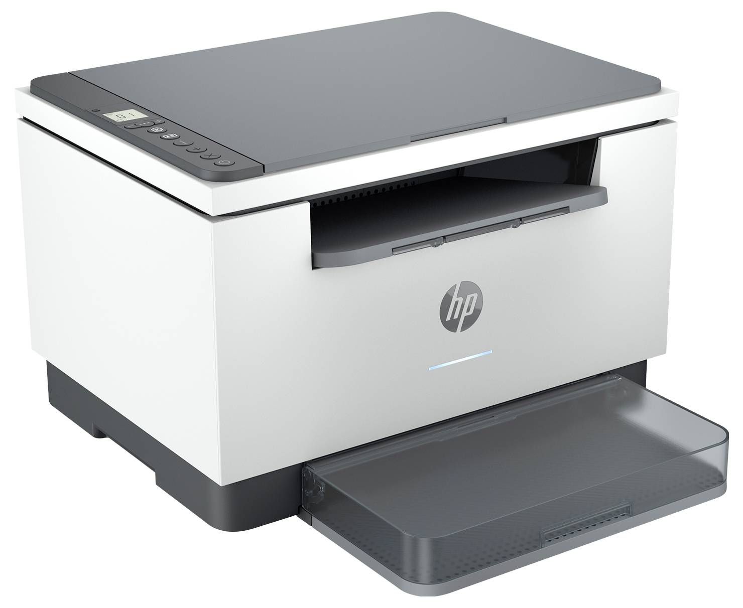 Ein moderner Multifunktionsdrucker mit Papierfach und Bedienfeld oben. Ideal für Büro oder Heimgebrauch.