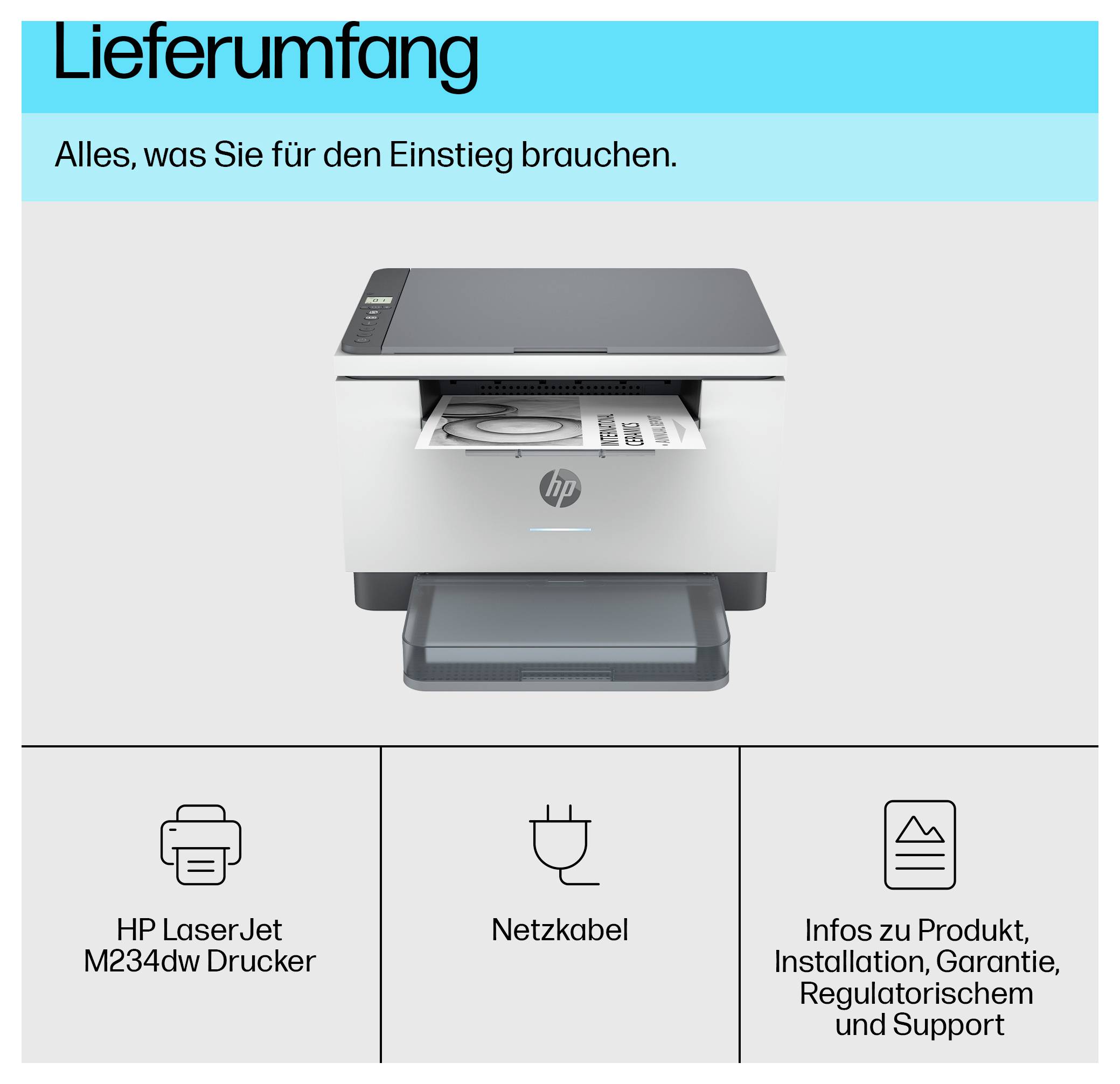Das HP LaserJet M234dw Druckerpaket umfasst den Drucker, das Stromkabel und Produkt-, Installations-, Garantie-, Regulierungs- und Supportinformationen.