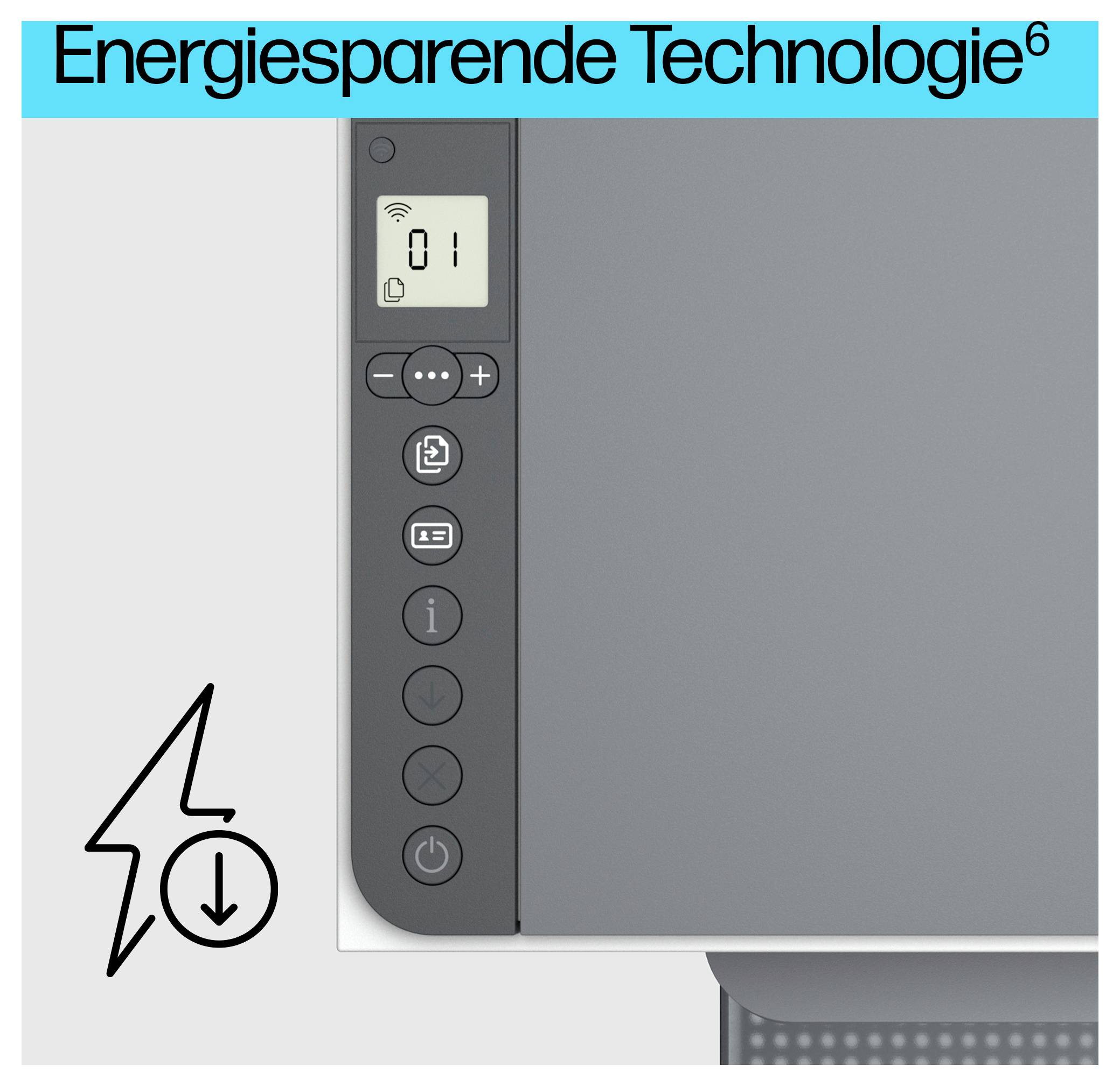 Frontplatte eines energiesparenden Geräts mit Display, das '01' anzeigt, Bedientasten und einem Energiesparsymbol mit einem nach unten weisenden Pfeil.
