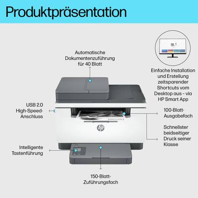 Multifunktionsdrucker in Präsentation mit Details. Funktionen: automatischer Dokumenteneinzug, USB-Anschluss, intelligente Tasten. 150-Blatt-Zufuhrfach. Schneller Druck.