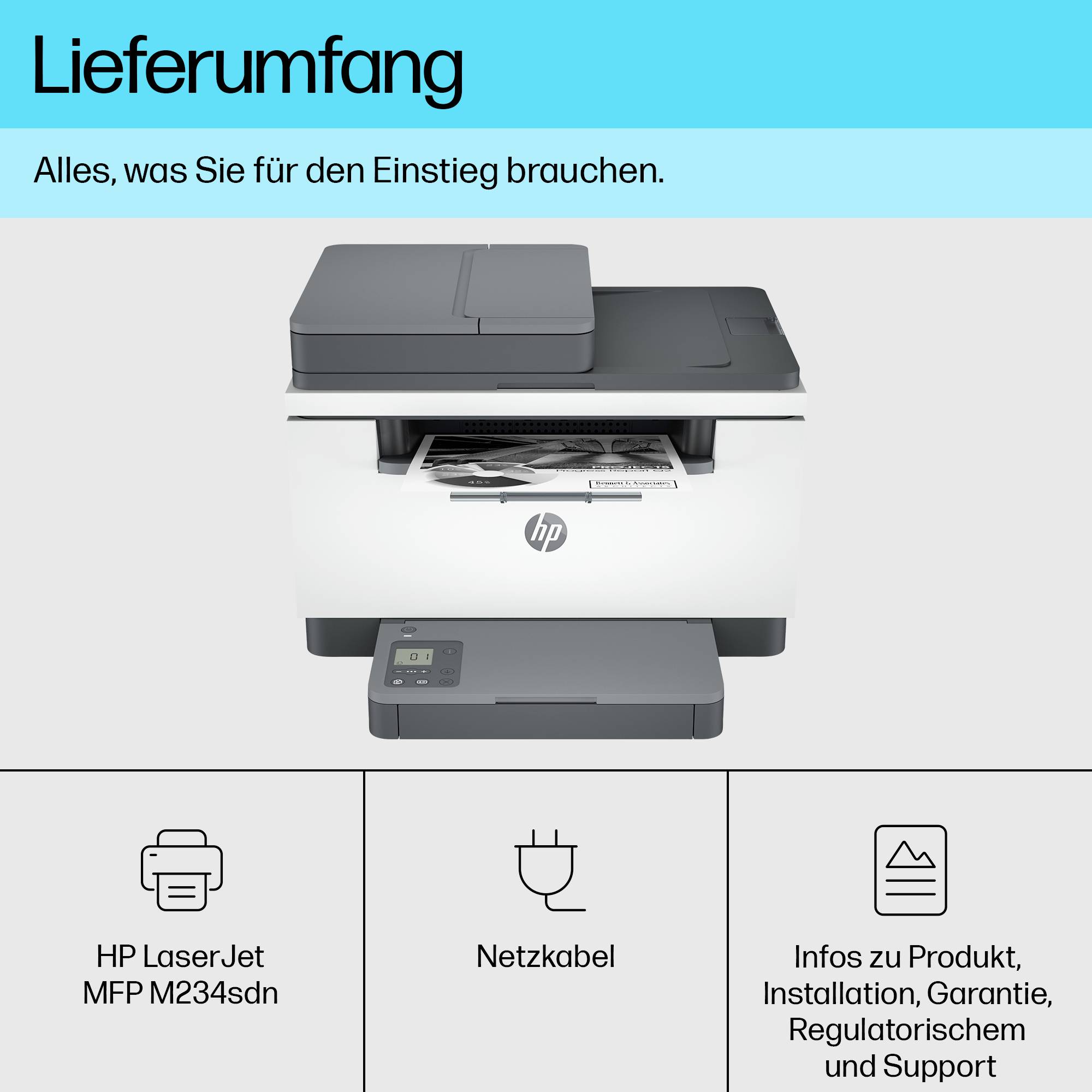 'Lieferumfang' beschreibt die enthaltenen Elemente: HP LaserJet MFP M234sdn, Netzkabel, sowie Informationen zu Produkt, Installation und Support.